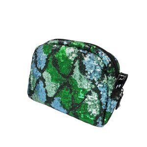 New Stephanie Johnson Makeup Cosmetic Bag Blue Green Sequin Zip Medium Size